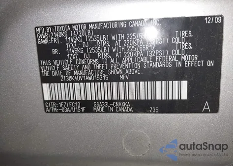 2010 Toyota Rav4 Base V6 z USA, uszkodzony, nr VIN 2T3BK4DV1AW019315